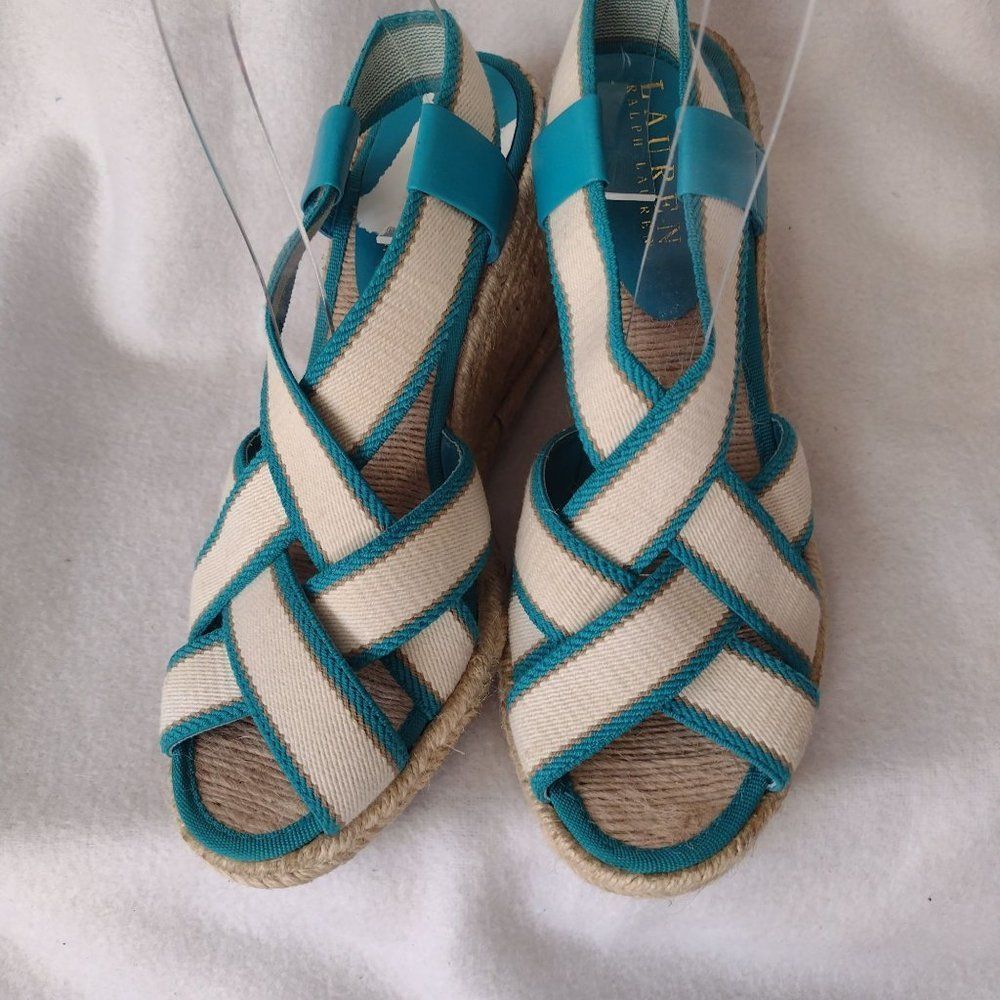 Lauren Ralph Lauren Womens Wedge Sandals 6.5 Ivory Teal Strappy Espadrilles - Picture 5 of 9